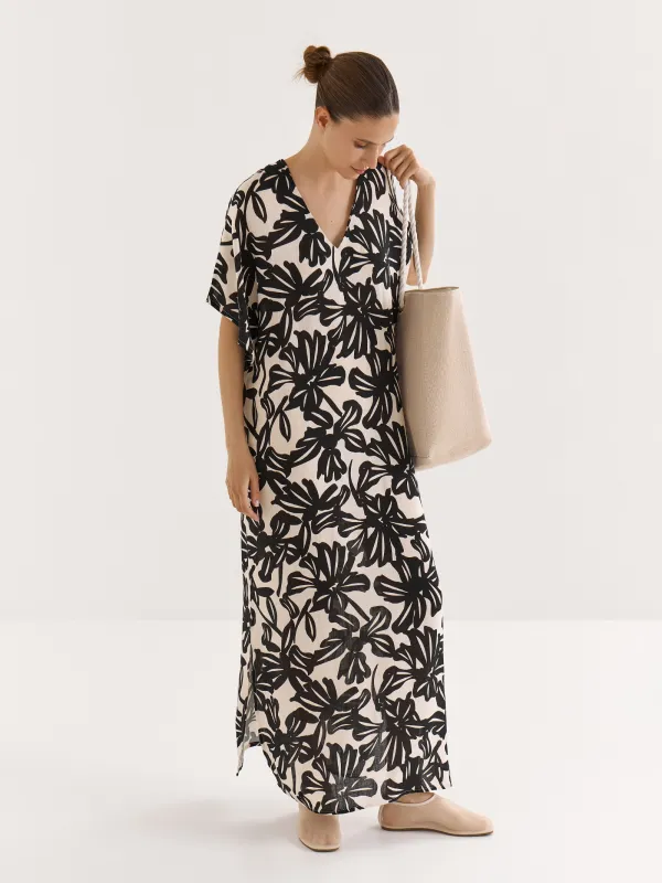 Women's dress, maxi, size S, with short sleeves, viscose, beige-black, Flowers, Almi, image-7